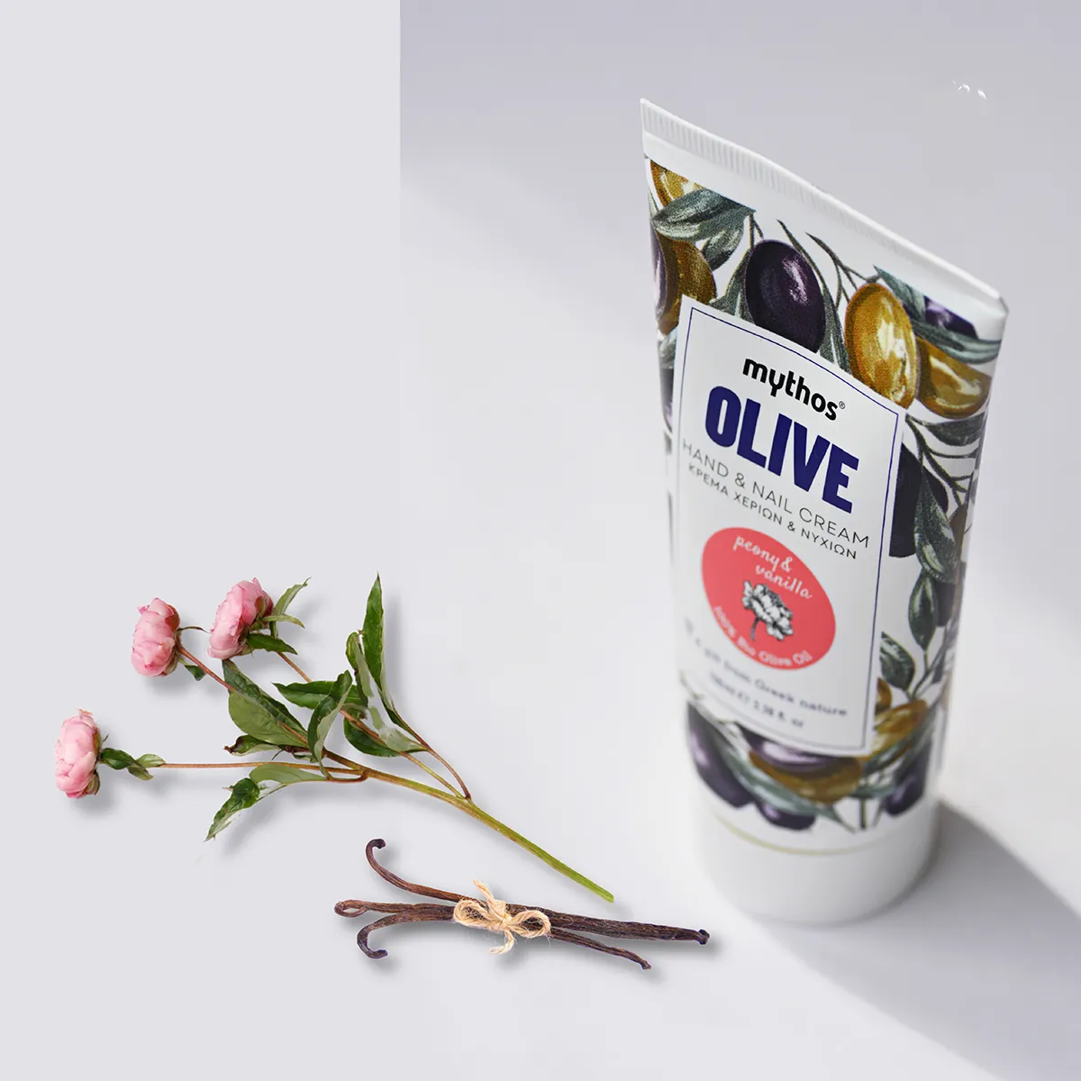 Mythos Olive handcrème vanille pioenroos 100ml olijfolie