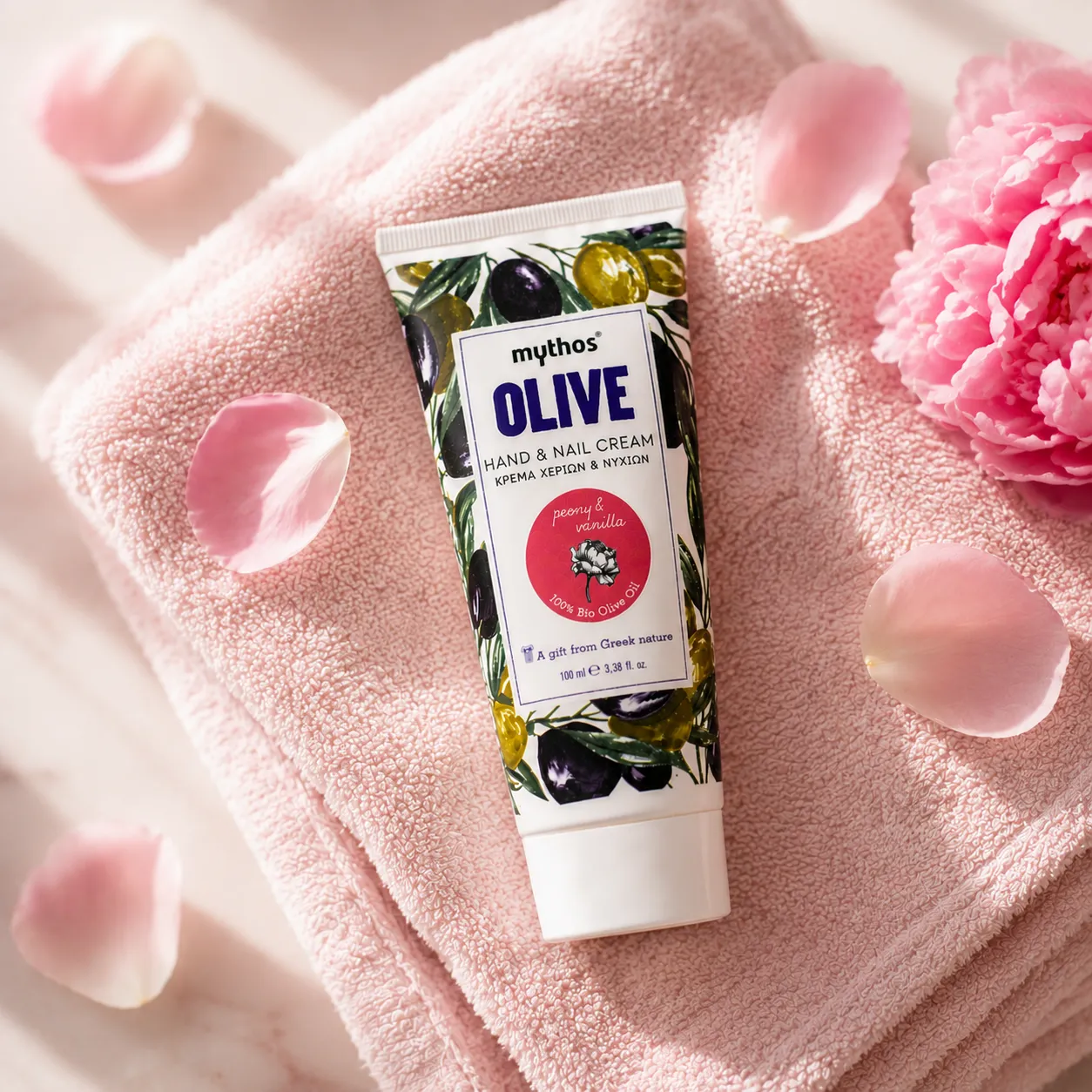 Mythos Olive handcrème vanille pioenroos 100ml olijfolie
