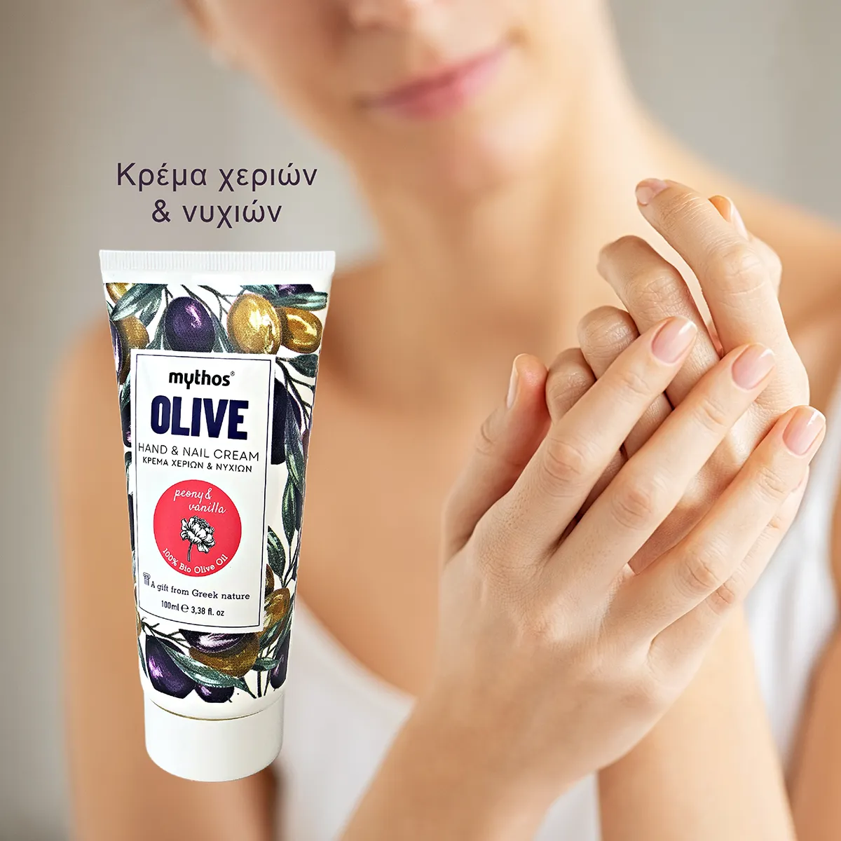 Mythos Olive handcrème vanille pioenroos 100ml olijfolie
